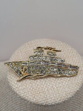 Cruise Ship Rhinestone Accent Gold Tone Brooch